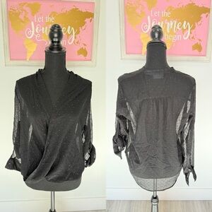 New York & Co Polka Dot Mesh Black Faux Wrap Blouse (XS)